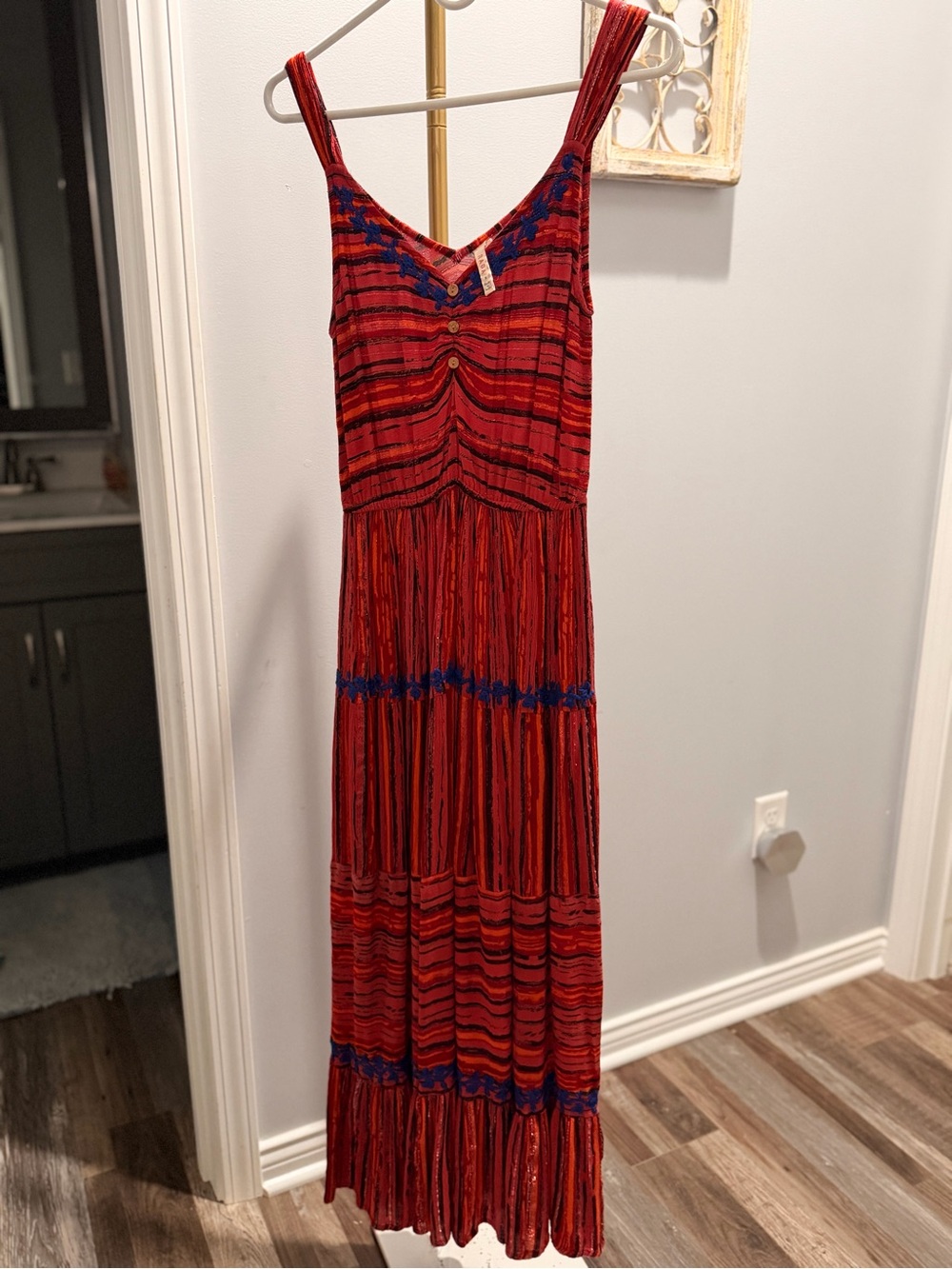 RAGA Red Maxi Dress with Blue Embroidered Trim - Picture 1 of 5